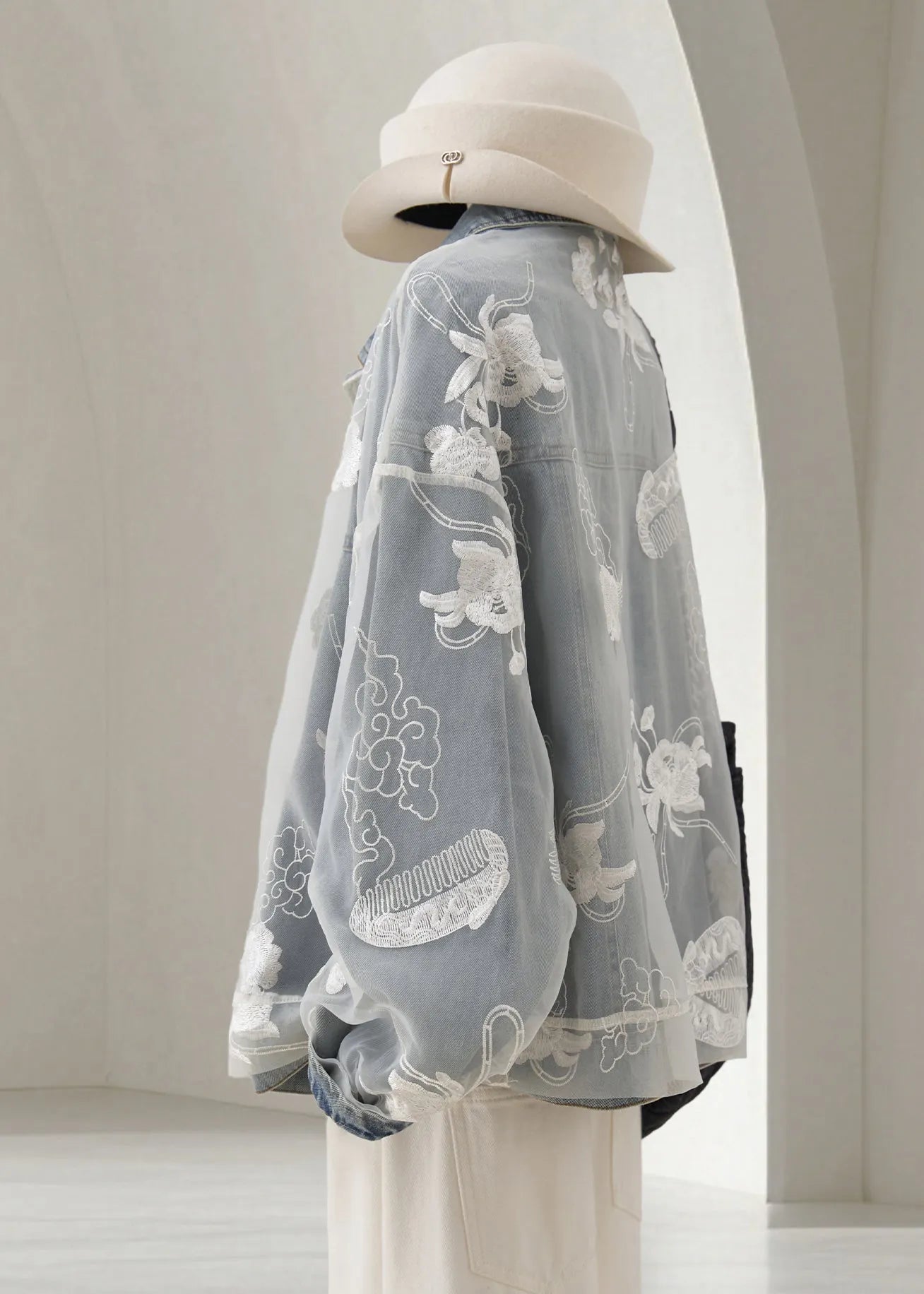 Loose Light Blue Embroidered Patchwork Denim Coats Fall