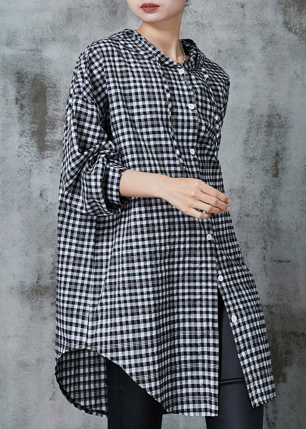 Grey Hooded Plaid Linen Long Shirt Summer
