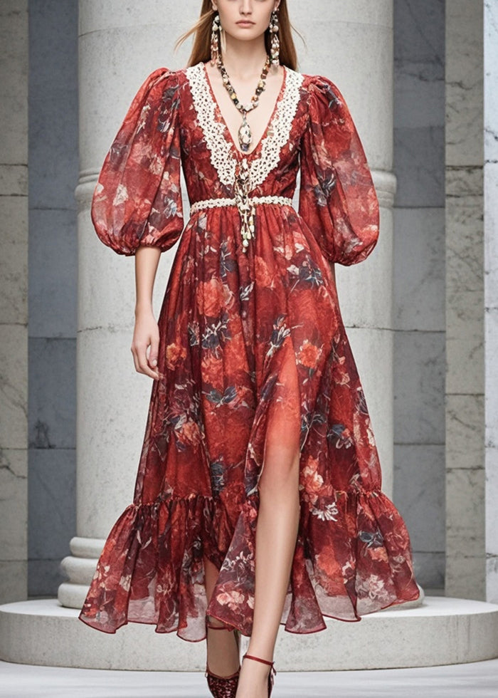 Red V Neck Print Chiffon Dresses Flare Sleeve