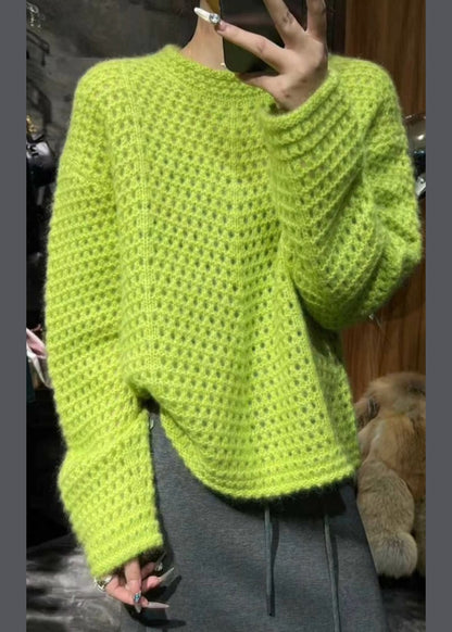 Vogue Green O-neck Hollow Out Cotton Knit Sweater Fall