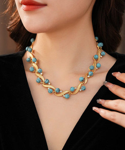 Blue Turquoise Alloy Zircon Gratuated Bead Necklace