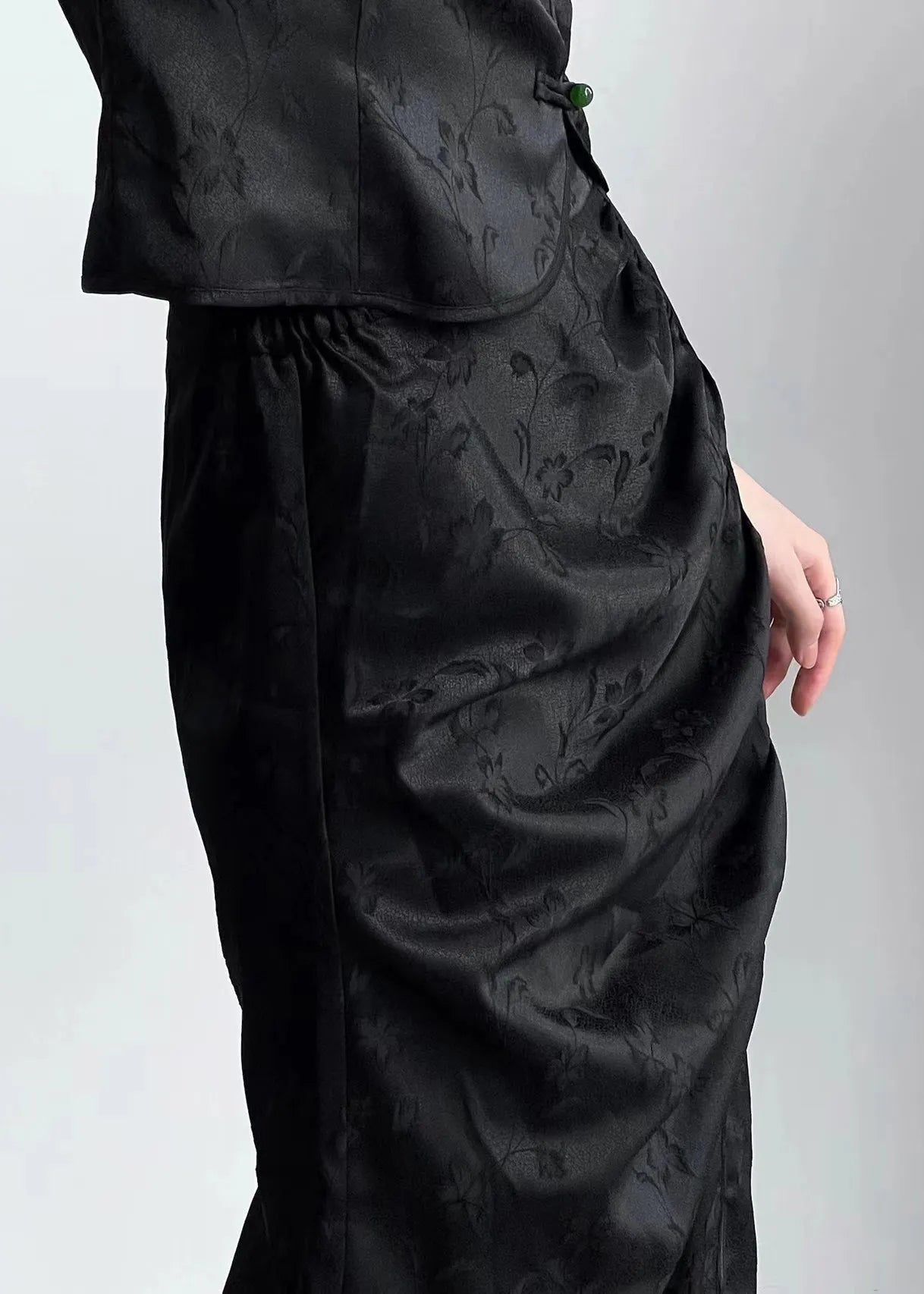 Original Design Chinese Style Black Jacquard Top and Skirt Set Summer