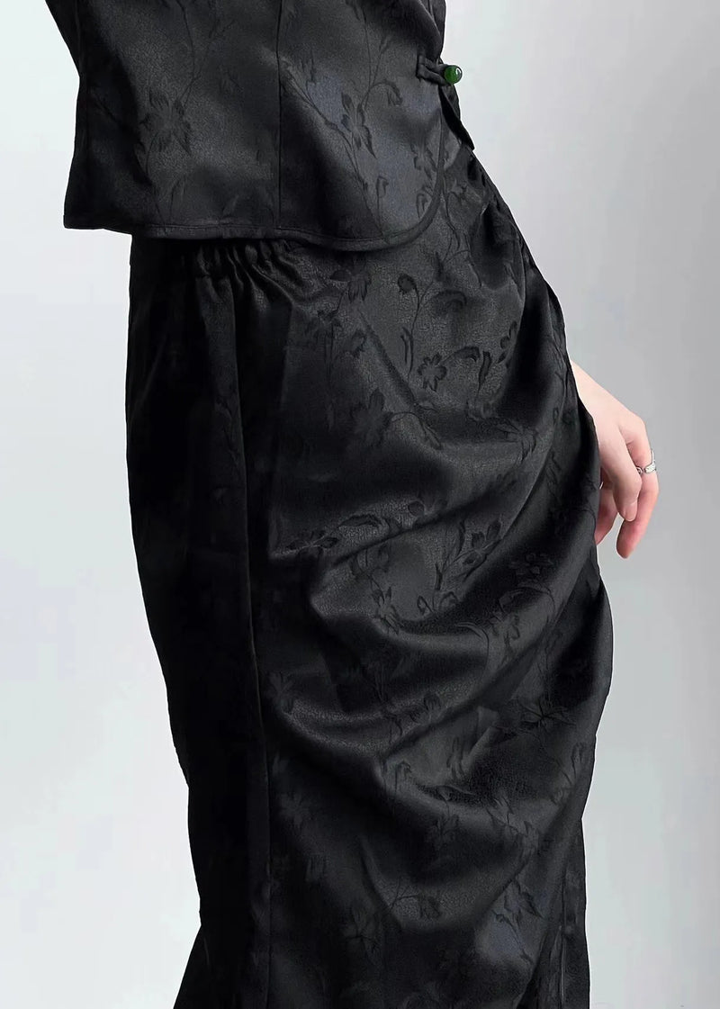 Original Design Chinese Style Black Jacquard Top and Skirt Set Summer