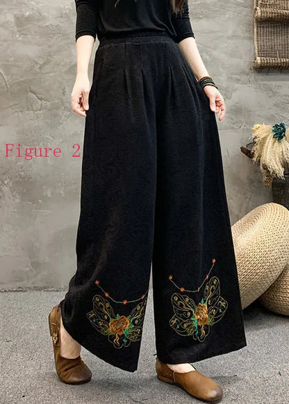 Style Embroidered Elastic Waist Wide Leg Pants Spring