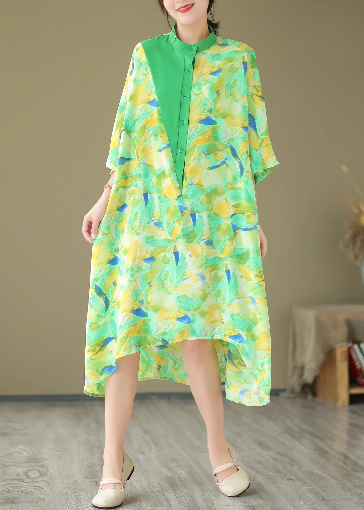 Summer New Green Spliced Tie Dyed Shirt Dress