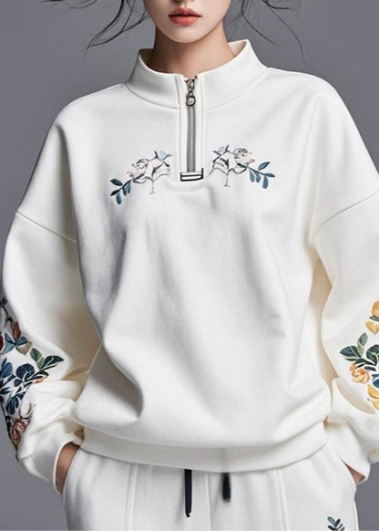 Diy White Stand Collar Zippered Patchwork Fall Sweatshirts Top