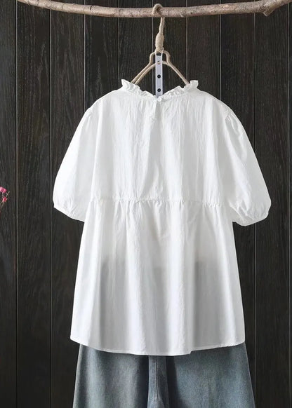 White Ruffled Wrinkled Cotton Shirt Top Summer