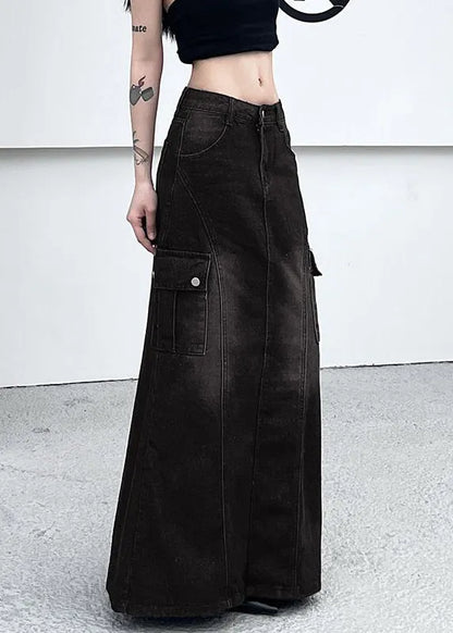 Dark Gray Pockets Side Open Denim Skirt Summer