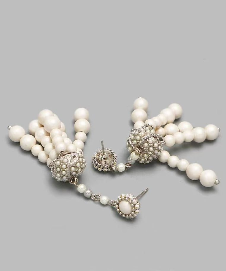 White Sterling Silver Pearl Tassel Drop Earrings