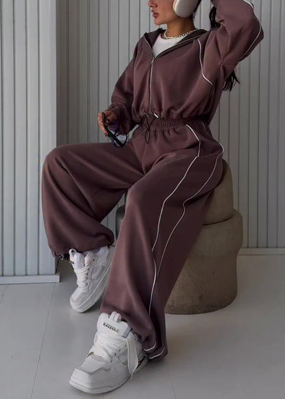 Coffee Hooded Drawstring Coat and Pants Cotton Two Piece Set Fall