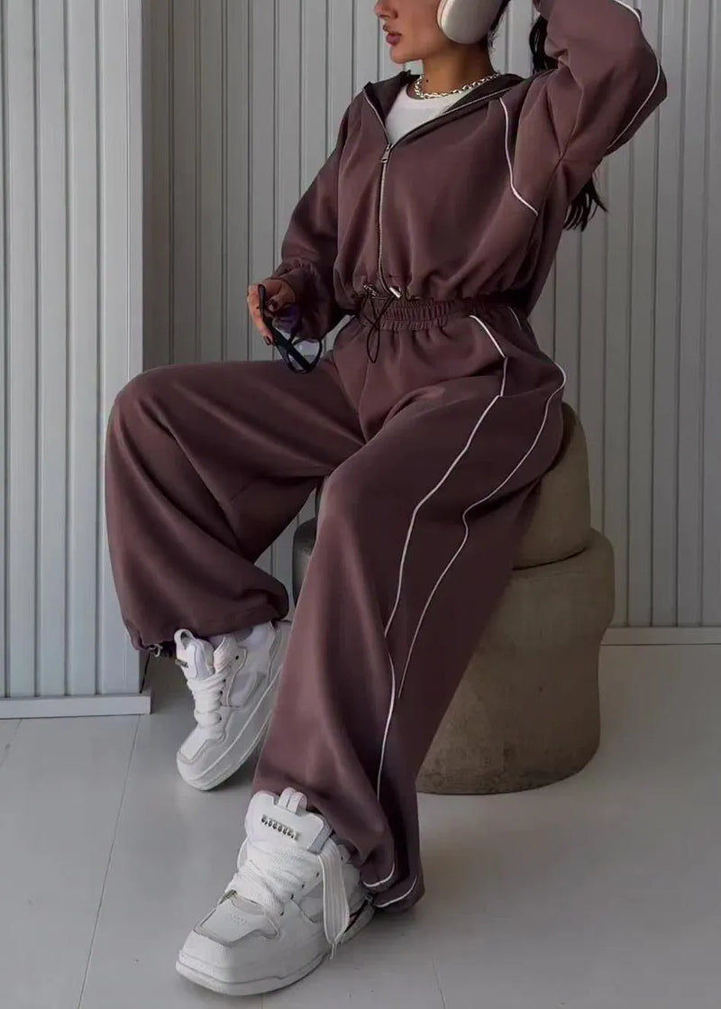 Coffee Hooded Drawstring Coat and Pants Cotton Two Piece Set Fall