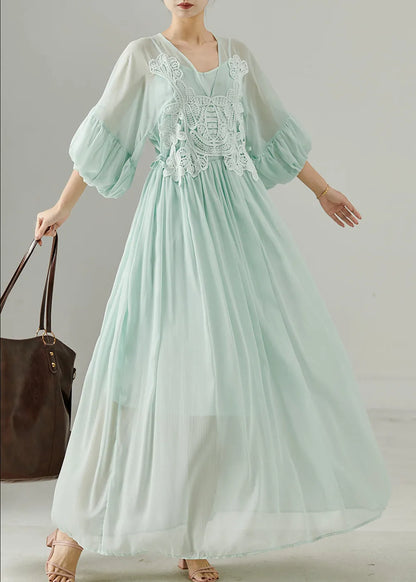 Green V Neck Patchwork Chiffon Long Dress Summer