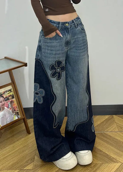 Fitted Colorblock Embroidered Denim Straight Pants Spring