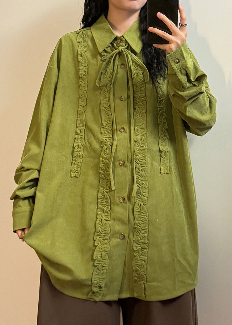 Green Ruffled Lace Up Cotton Shirt Top Spring