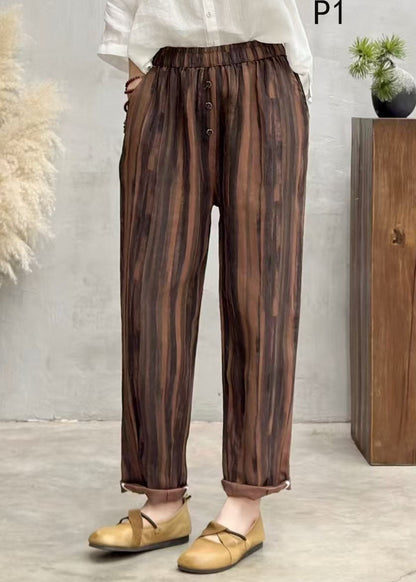 Brown Oversized Print Linen Harem Pants Summer