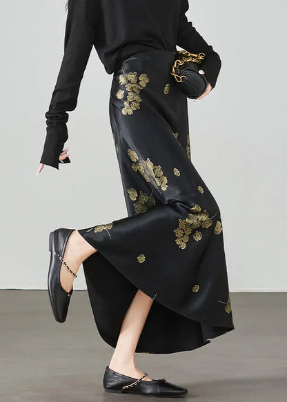 New Black Print High Waist Silk Skirt Summer