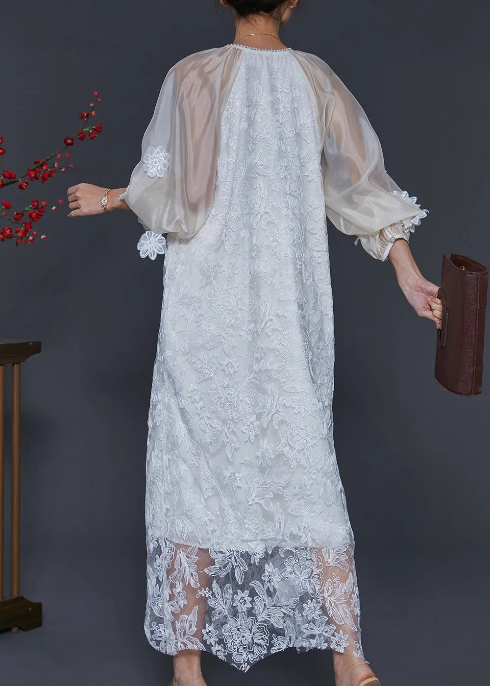 White Embroidered Tulle Robe Dresses Lantern Sleeve