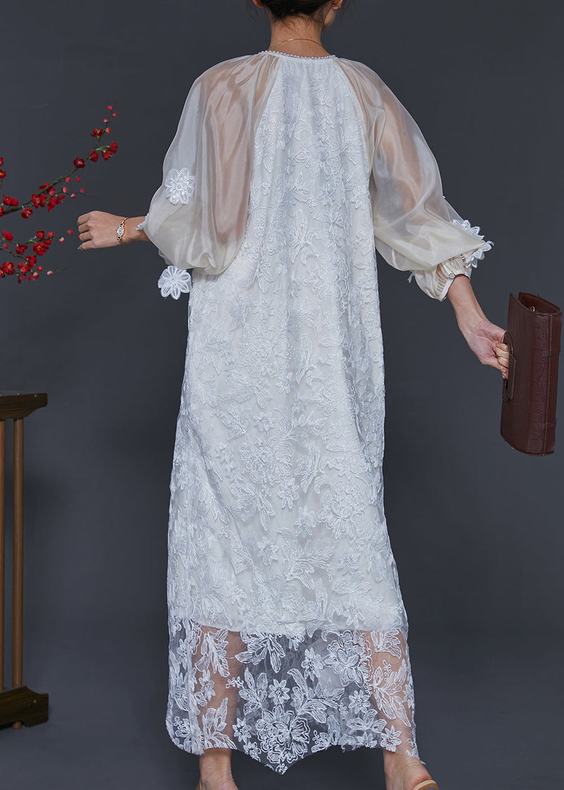 White Embroidered Tulle Robe Dresses Lantern Sleeve