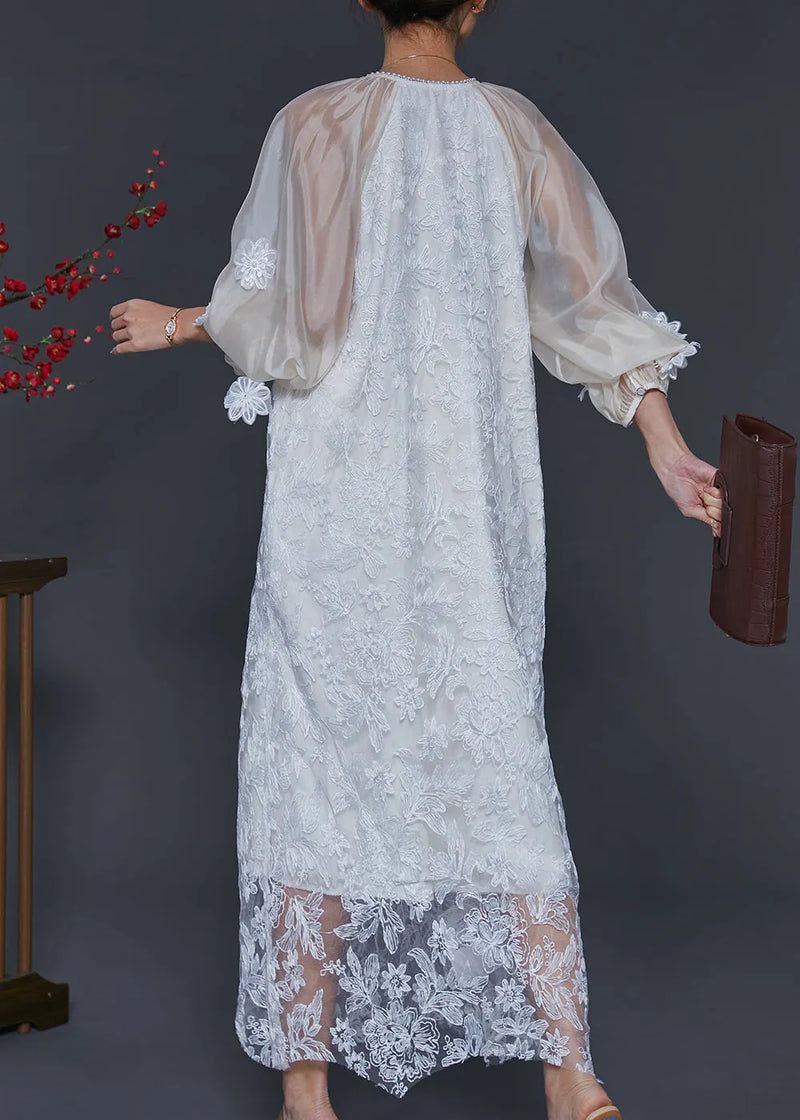 White Embroidered Tulle Robe Dresses Lantern Sleeve