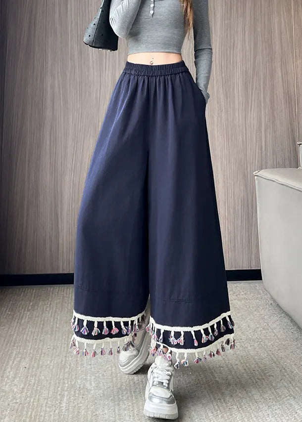 Navy Tasseled Cotton Wide Leg Pants Trousers Fall