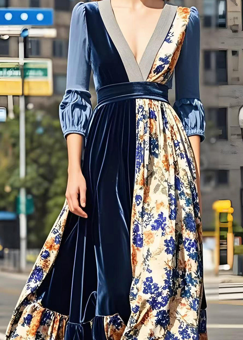 Print Patchwork Exra Large Hem Silk Velvet Long Dresses Spring
