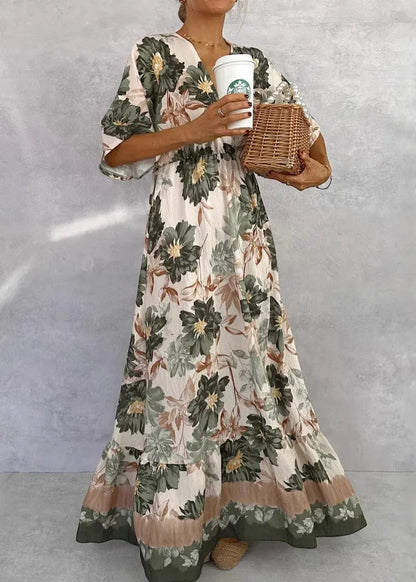 Green V Neck Print Cotton Maxi Dresses Butterfly Sleeve
