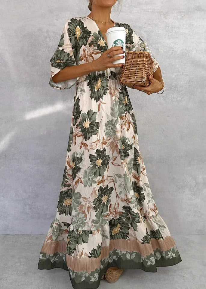 Green V Neck Print Cotton Maxi Dresses Butterfly Sleeve