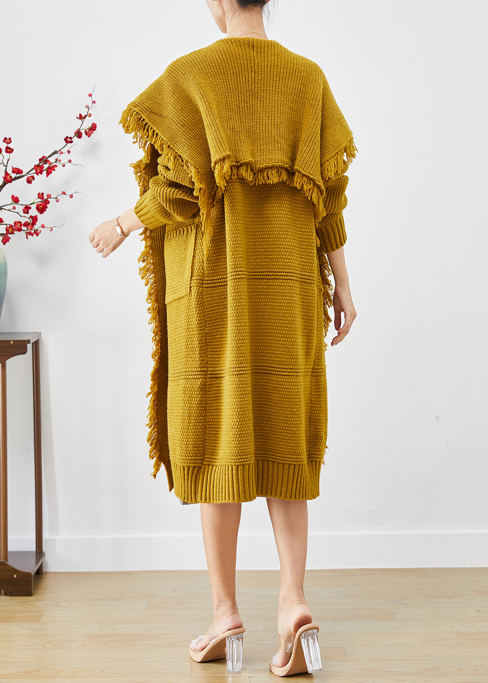 Yellow Tasseled Oversized Knit Cardigan Winter