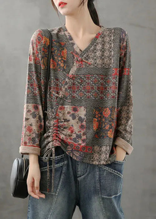 Red V Neck Print Drawstring Cotton Shirt Long Sleeve