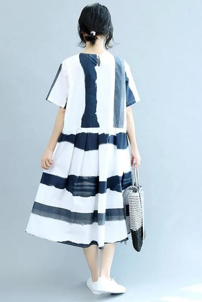 Round Neck Blue White Wide Stripe Summer Chiffon Loose Fitting Dresses