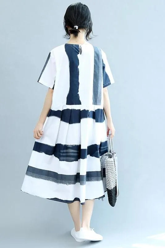 Round Neck Blue White Wide Stripe Summer Chiffon Loose Fitting Dresses