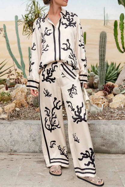 Satin Contrast Printed Button Long Pants Set
