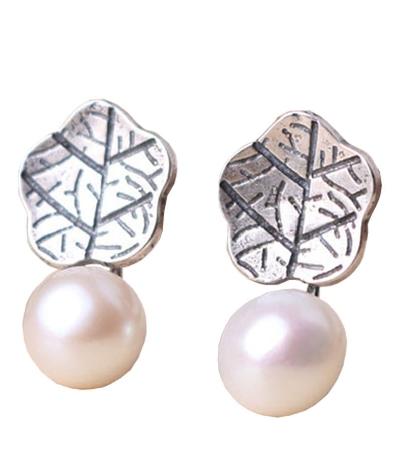 Silk Sterling Silver Pearl Lotus Leaf Stud Earrings