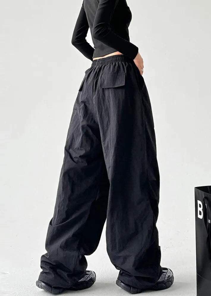 Black Oversized Elastic Waist Cotton Pants Spring
