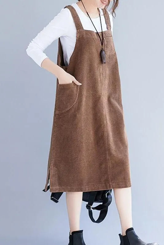 Loose Corduroy Suspender Skirt Outfits