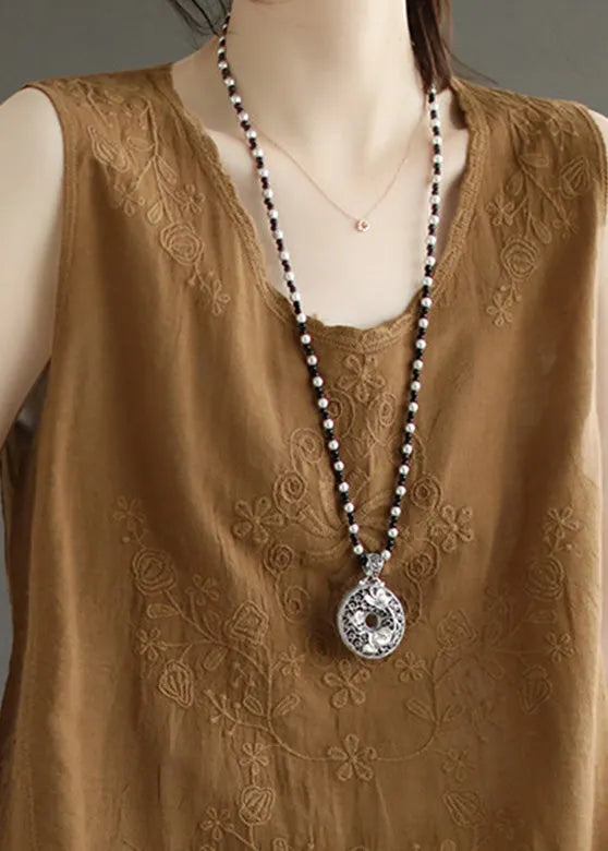 Simple Brown Yellow O-neck Cotton Tops Summer