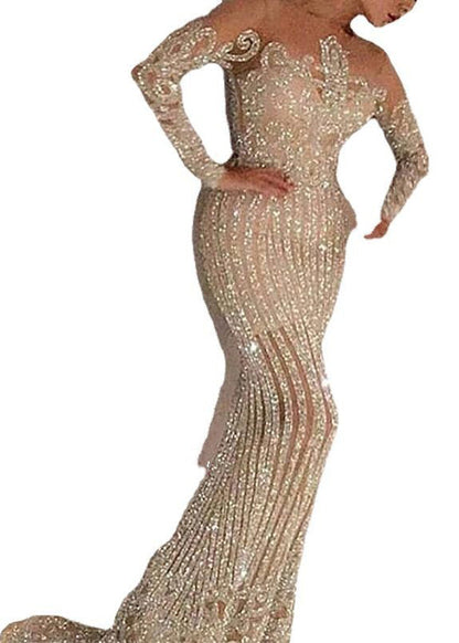 Beige O Neck Sequins Slim Fit Long Dress Spring