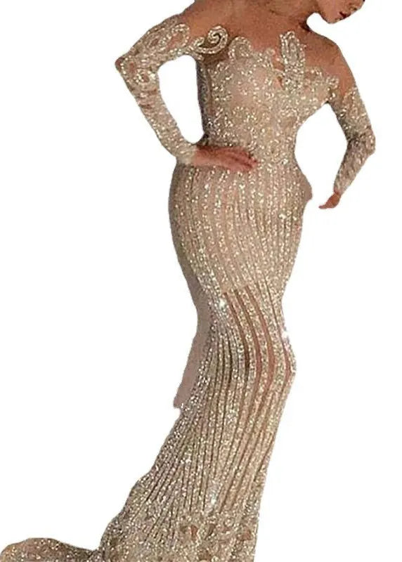 Beige O Neck Sequins Slim Fit Long Dress Spring