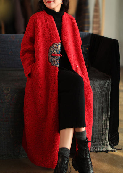 Unique White V Neck Embroidered Patchwork Winter Thick Coats Wool Overcoat
