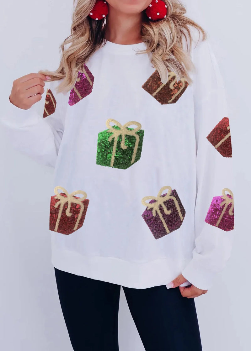White Embroidered Sequins Cotton Sweatshirt Fall