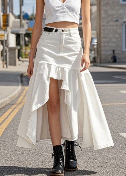 White Ruffled Low High Design Denim Skirts Spring