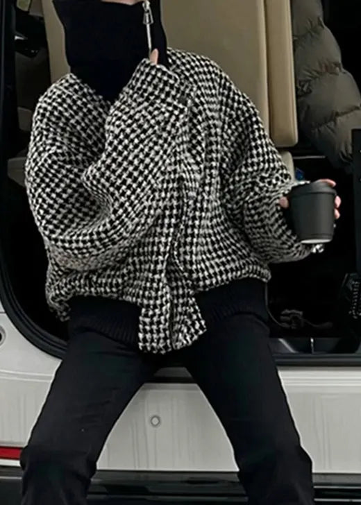 Black High Neck Zip Up Plaid Woolen Jacket Winter