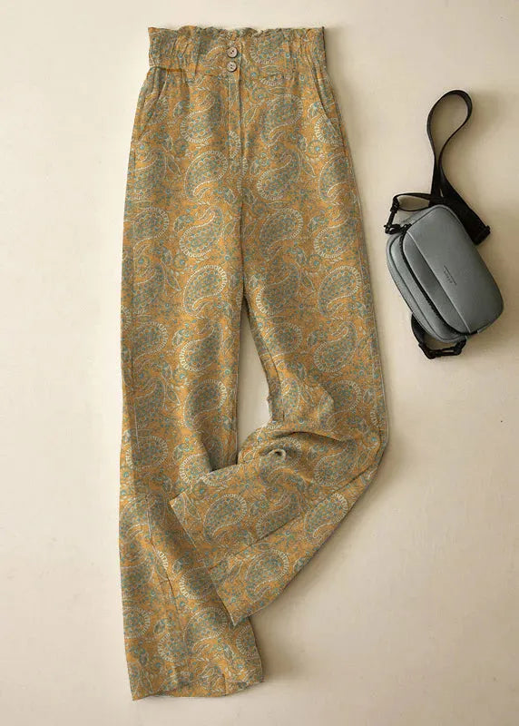 Red High Waist Button Linen Straigh Pants Summer