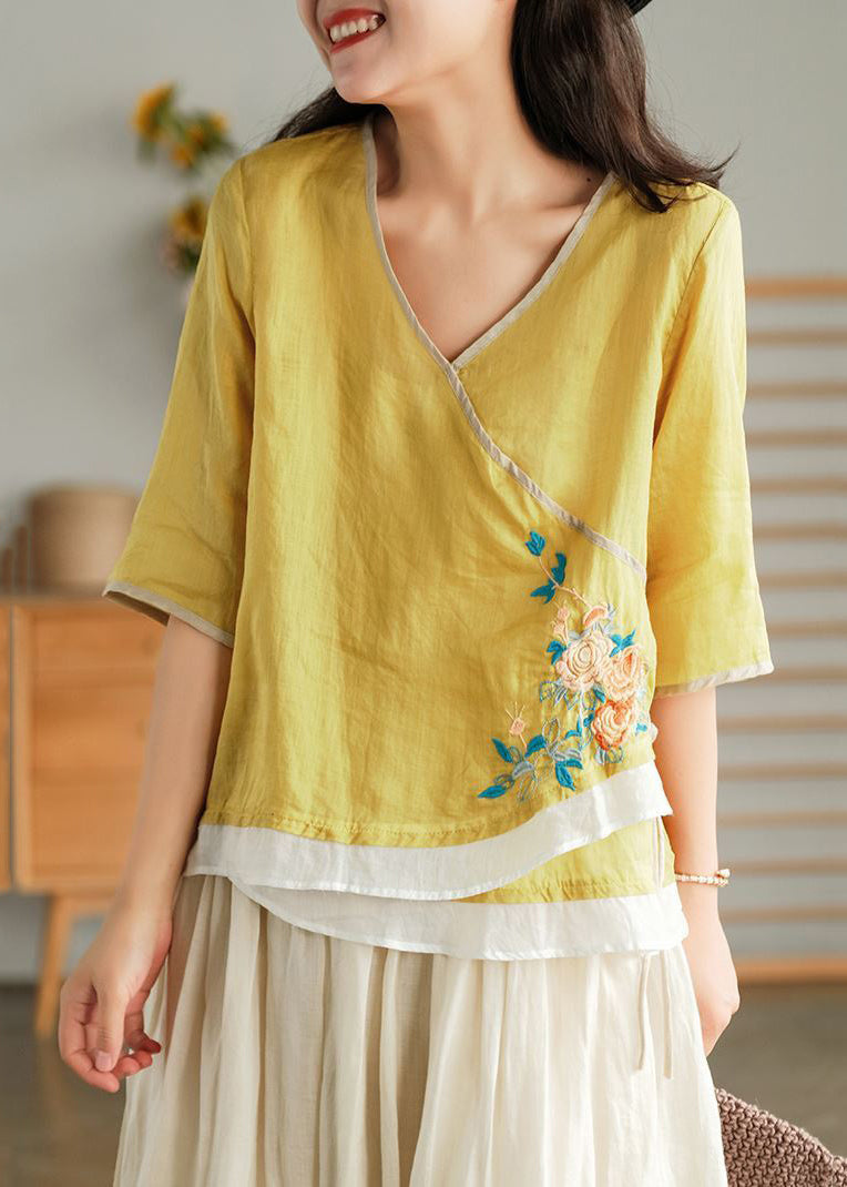 Yellow Embroideried Lace Up Linen T Shirt Half Sleeve