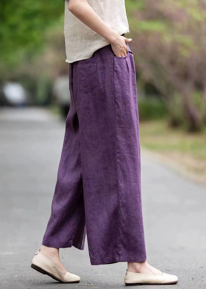 Art Purple Oversized Pockets Linen Straight Pants Summer