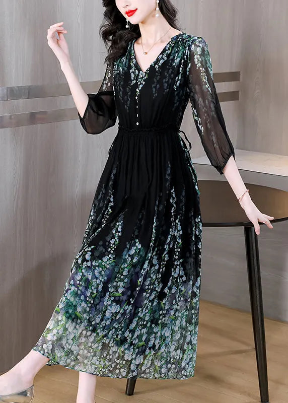 Classy Black V Neck Print Drawstring Wrinkled Silk Long Dress Summer