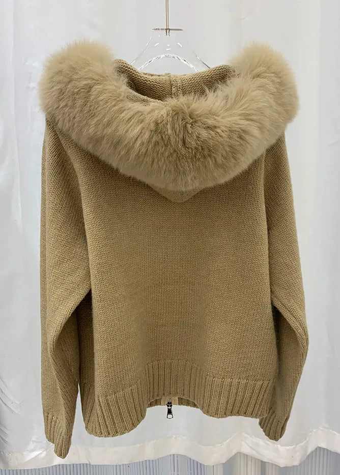 Stylish Pink Fox Collar Zippered Patchwork Knit Coat Winter
