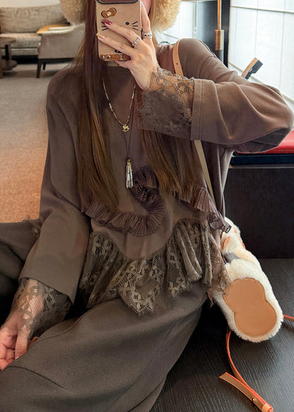 Chocolate Oversized Patchwork Lace Tops Spring