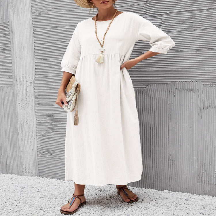 Spring Outfit Lantern Sleeve Loose Cotton and Linen Pocket Dress
