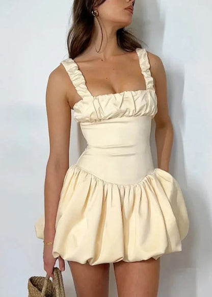 French Yellow Square Collar Wrinkled Mini Dress Summer
